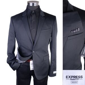 NWT Express Skinny Blazer Sport Coat Jacket Mens 40R Solid Black 2 Button Cotton